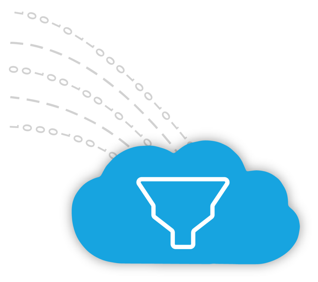 A graphic of bianary code streaming into a cloud with a funnel icon on it