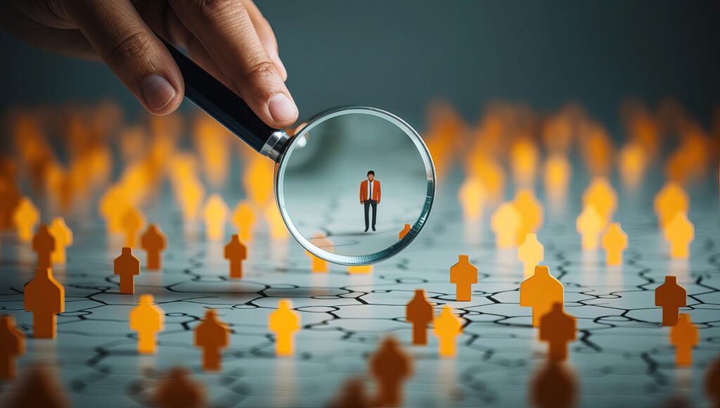 A magnifying glass being held up to a single figure in a crowd of paper figures.